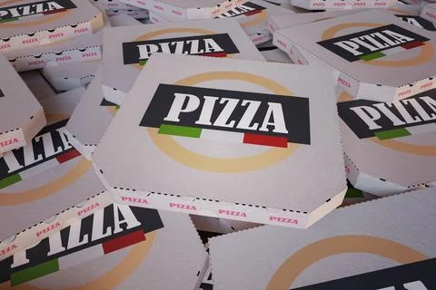 Many cardboard pizza boxes. 3D rendered illustration. Stock Photos