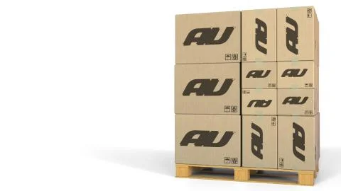 Many cartons with au logo. Editorial 3D rendering イラスト素材
