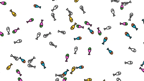 Many cartoon fish moving randomly on white background. Crazy backdrop, good f Vidéo 146260913
