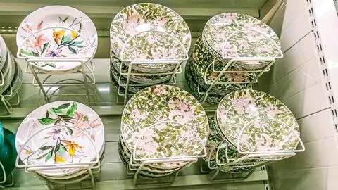 Many ceramic plates with beautiful patterns Stock Photos