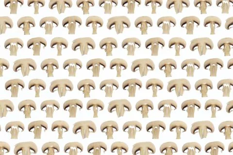 Many champignon slices pattern. Delicious natural texture. Healthy vegetarian Foto stock