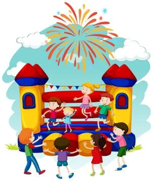 Many children jumping on bouncing castle Stock Illustration