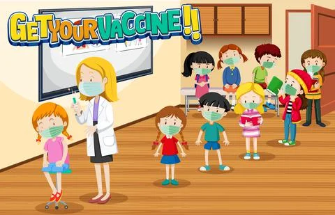 Many children waiting in queue to get covid-19 vaccine Illustrazione stock