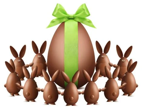 Many chocolate easter bunnies with egg and green ribbon bow dancing isolated  Stock Illustration