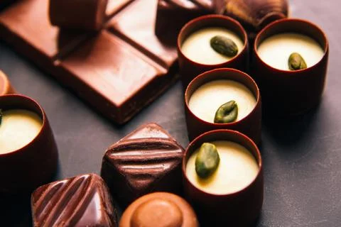 Many chocolate sweets with  Pistachio on black background Stock Photos