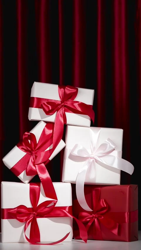 Many Christmas gift boxes with red ribbon on the table. Stop motion animation. Stock Footage 292826987