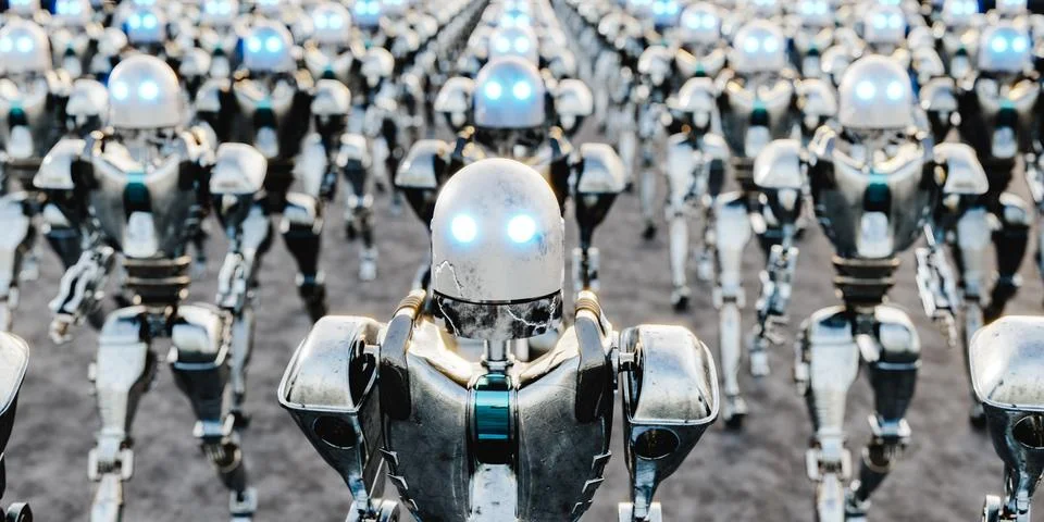 Many chrome robots in lines 3d render Stockillustratie