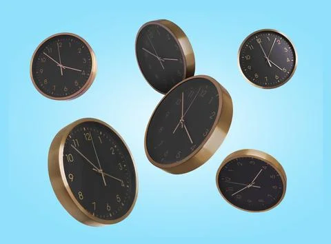Many clocks falling on light blue background Foto stock
