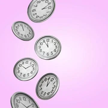 Many clocks falling on pink background. Space for text Stock Photos