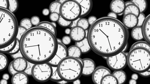 Many Clocks flying in Time-lapse in 3D animation. Time Concept Footage. Видео 57480528
