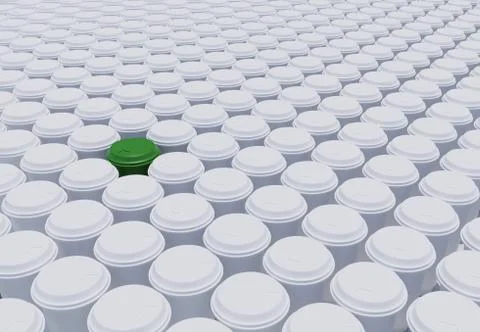 Many coffe 2 go cups, bird view, one in green Stock Illustration