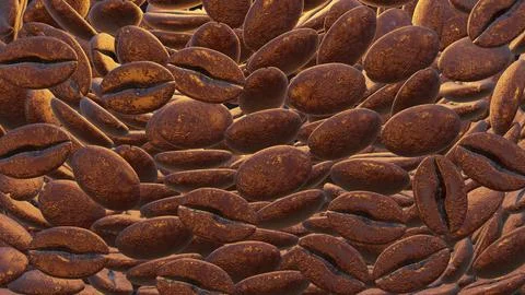 Many Coffee beans isolated on black background. 3D render. Stock Illustration
