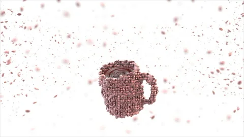 Many coffee beans turn into cup with coffee bean and powder floating around the  Stock Footage 131374406
