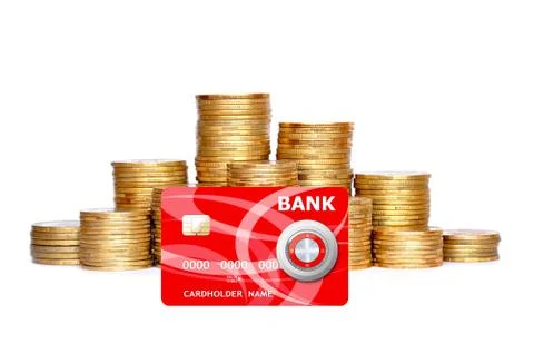 Many coins in column and credit card isolated on white Foto stock