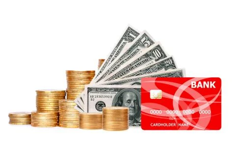 Many coins in column, dollars and credit card isolated on white Stock Photos