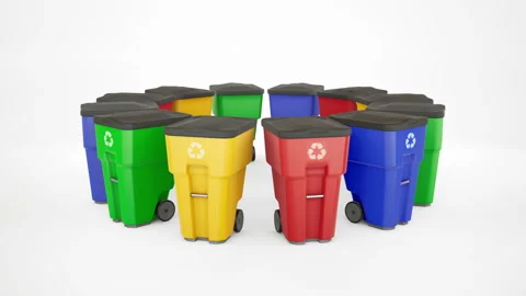 Many color plastic garbage bins with recycling logo. 動画素材 96128322