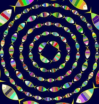 Many colored background image of abstract circles with fish Stock Illustration