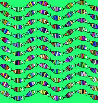 Many colored background image of abstract waves with fish Illustrazione stock