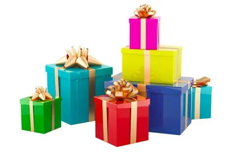 Many colored Gift Boxes with bows and ribbons, 3D rendering Stock Illustration