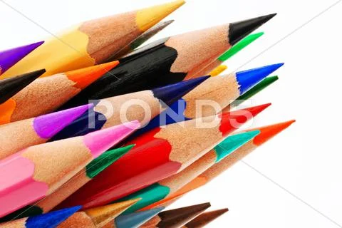 Many colored pencils on white background Stock Photos