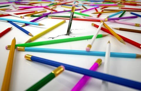 Many colored pensils, spread on urface, with one in the middle, speared in th Stock Illustration