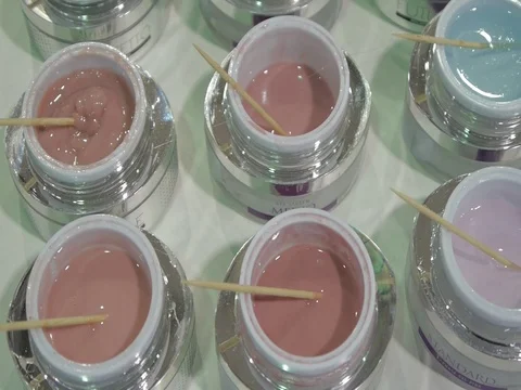 Many colored test samples of nail gel. Closeup. Stock Footage 73397818