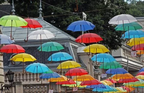 Many colored umbrellas Stock Photos