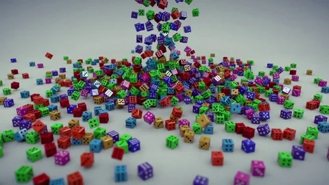 Many colorful dice cubes falling, six, luck, chance to win, 3d Stock Footage 73804899
