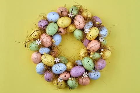 Many colorful easter eggs in a round shape. Stock Photos