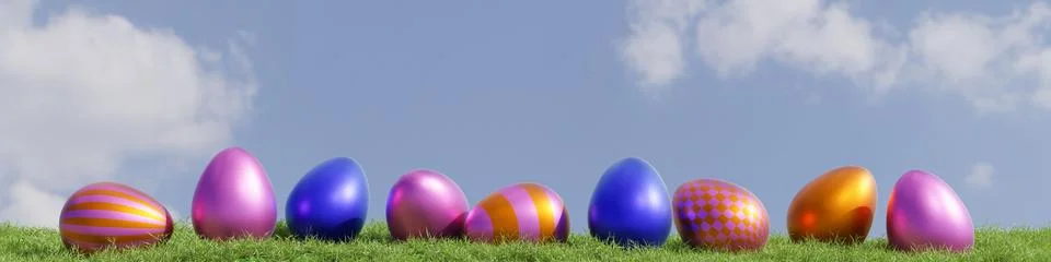 Many colorful Easter eggs in a row on a grass background using as header Easter Stock Illustration