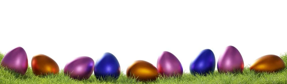 Many colorful Easter eggs in a row on grass on a white background using as イラスト素材