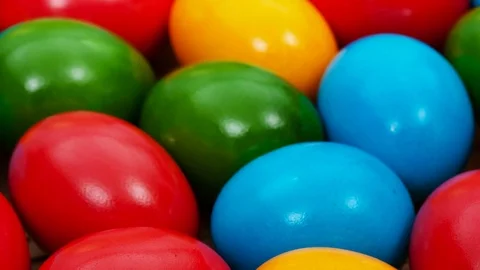 Many colorful easter eggs on the table Video stock 73458516