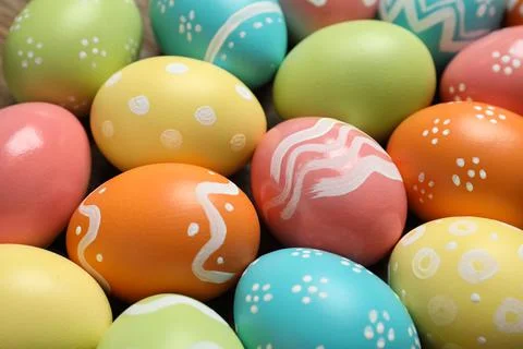 Many colorful painted Easter eggs as background, closeup 스톡 사진