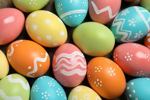 Many colorful painted Easter eggs as background, closeup Stock Photos