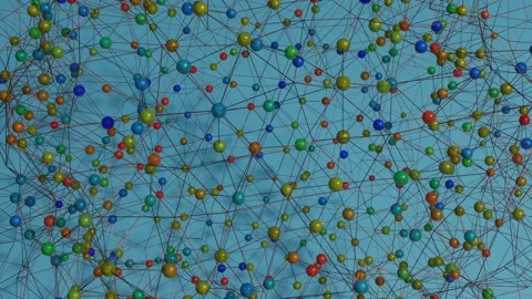 Many colorful spheres of different sizes and a dark glittering mesh move slowly. Stock Footage 155171964