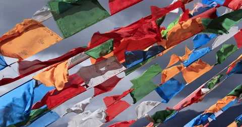 Many colourful prayer flags on the mountain top Stock Footage 303143159