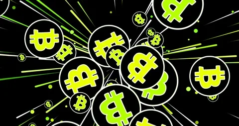 Many comic bitcoin with white outlines, stripes and sparkles, alpha channel Stock Footage 92740366
