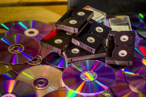A many compact discs and some hi-8 video casettes Stock Photos