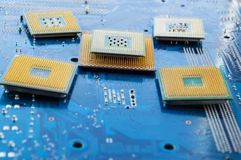 Many computer CPU Central Processing Unit close-up on the motherboard backgro 스톡 사진