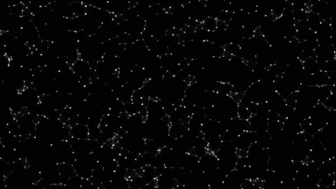Many connected atom particles flying randomly on black background. Rendered s Stock Footage 146260308