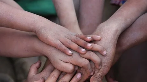 Many connecting poor children's hands. Mrauk-U, Myanmar . Burma Stock Footage 61898286