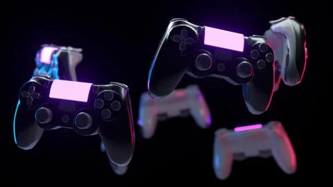 Many console gamepads on black background. Game controller with neon lights Stock Illustration