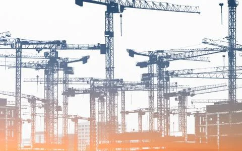 Many construction cranes  - construction site Stock Photos