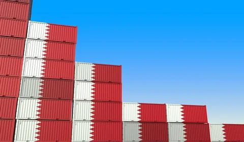 Many containers with flag of Bahrain represent decreasing trend. Economic or Stock Illustration