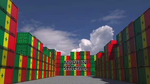 Many containers with MADE IN SENEGAL text and national flags. Senegalese import Stock Footage 122051393
