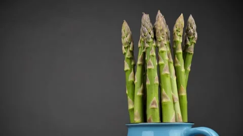 Many copies of asparagus on a gray background rotate.Asparagus sprouts form a Stock Footage 242035125