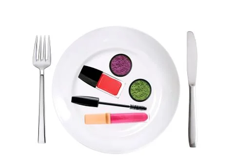 Many cosmetics on white plate isolated on white Stock Photos