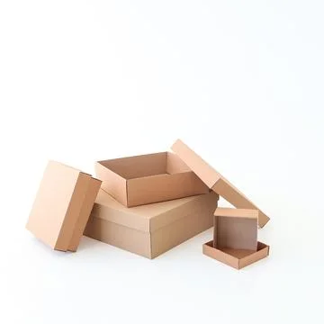 Many craft boxes of different sizes on a white background. Place for text a.. Stock Photos