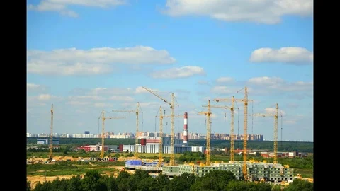 Many cranes on building construction Time-lapse. Construction site with many Stock Footage 78987979