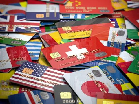 Many credit cards of a different  countries. Opening a bank account in any co Illustration